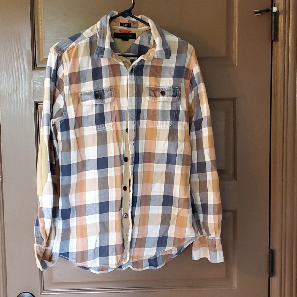 Flannel plaid shirt with elbow patches
